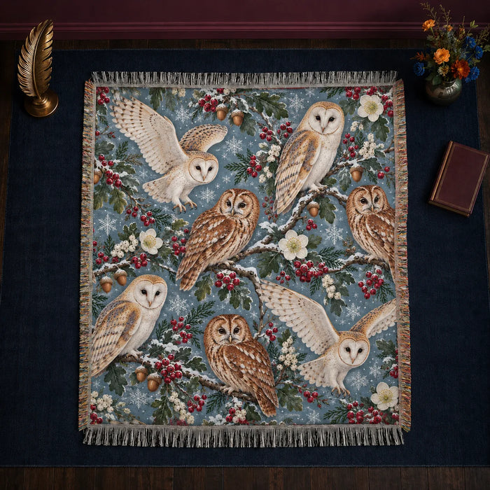 Winter Garden Owl woven throw blanket — barn and tawny owls on snowy branches with red berries and snowflakes on dusty blue