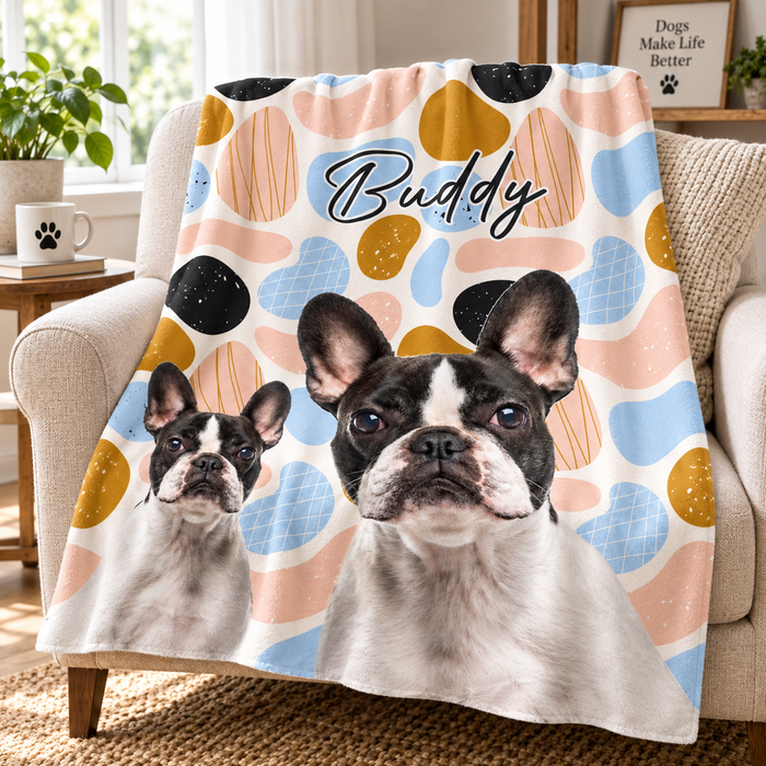 Pastel shapes pet photo blanket with a french bulldog and name, on a sofa