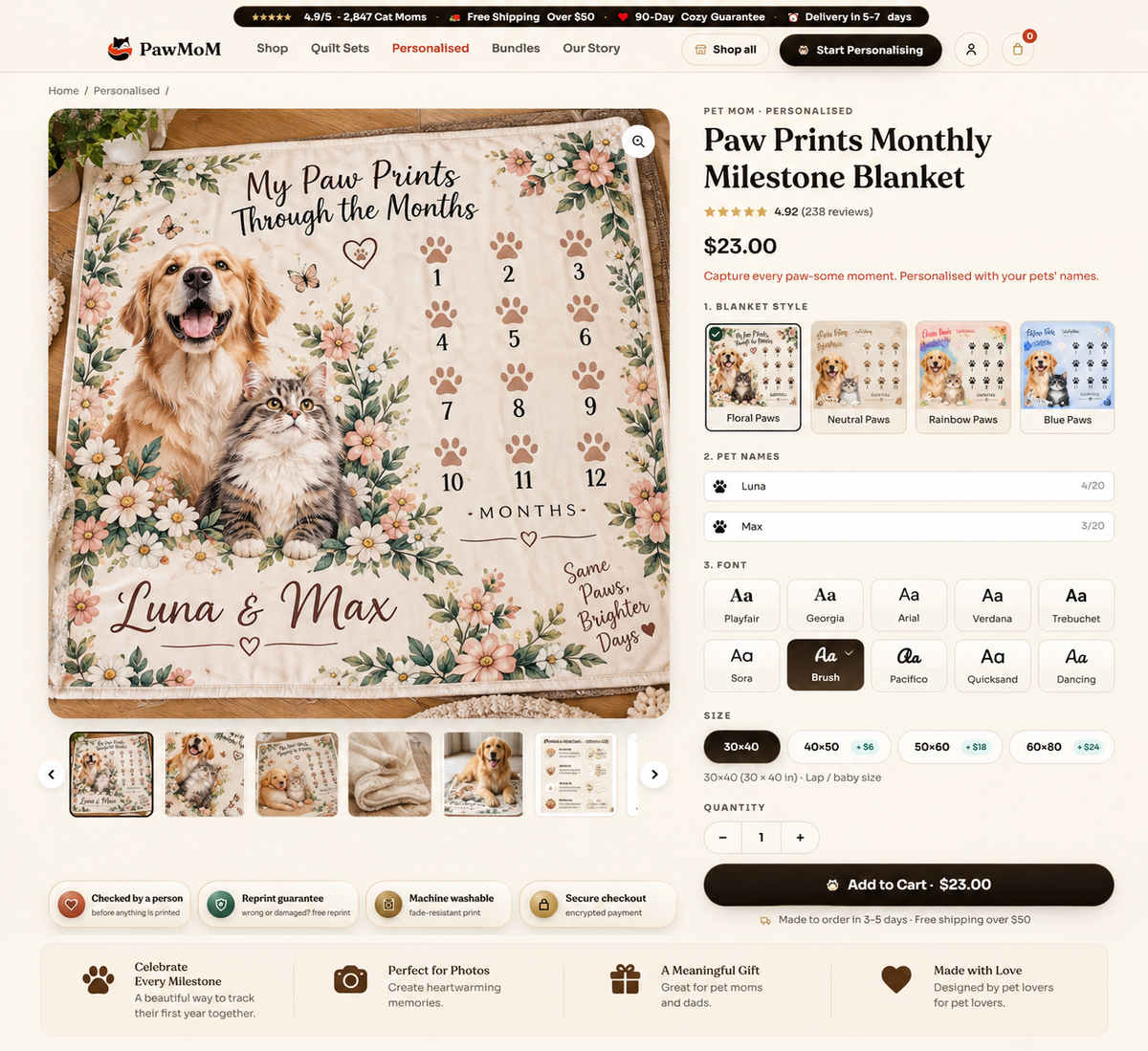 Paw Prints Monthly Milestone personalized cat and dog blanket