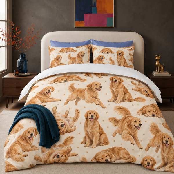 Playful Golden Retriever comforter set with two matching shams on a made bed