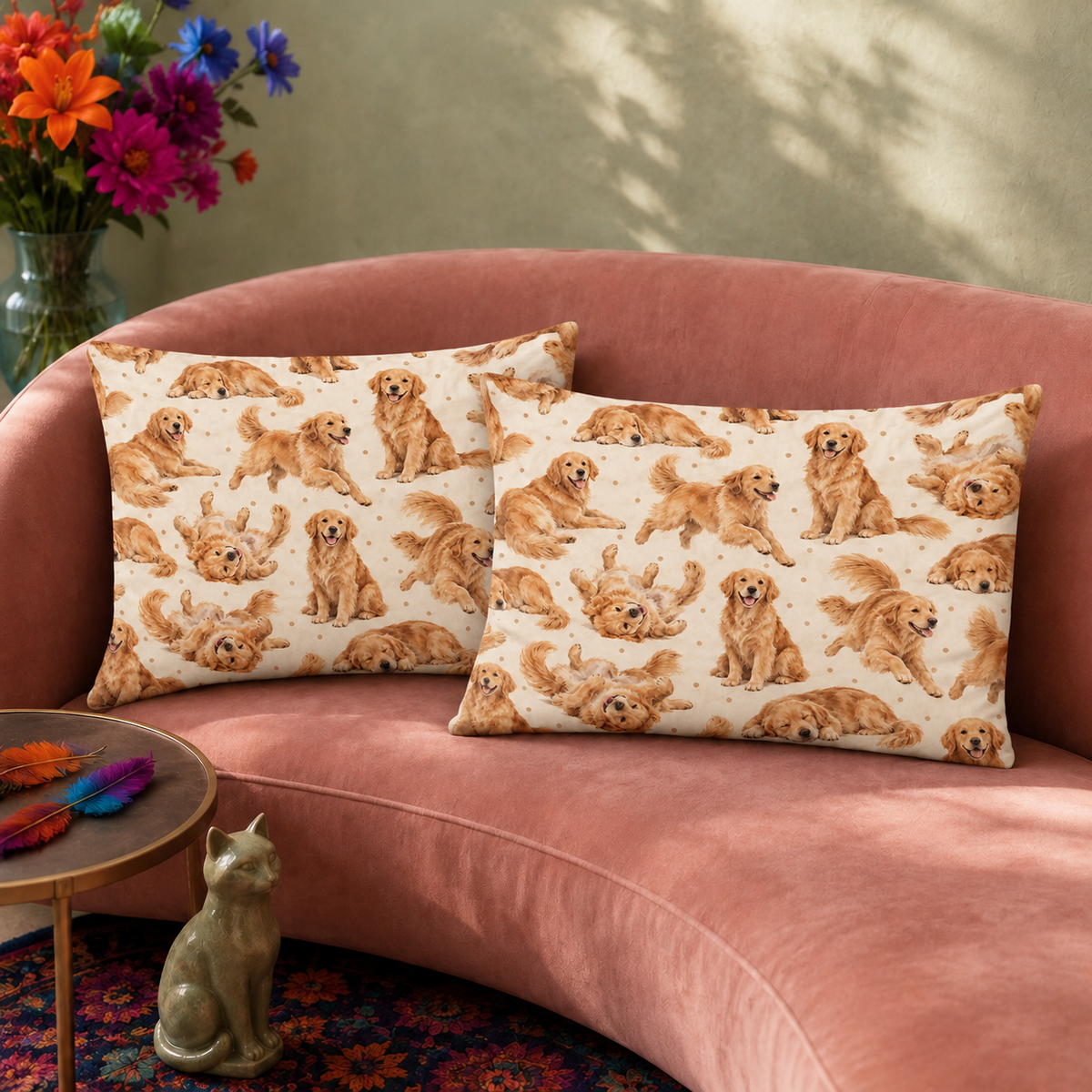Playful Golden Retriever pillowcase set, two matching cases resting on a sofa