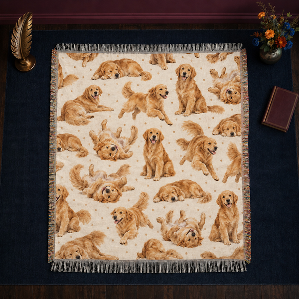Playful Golden Retriever woven throw blanket with knotted fringe, laid flat on a rug