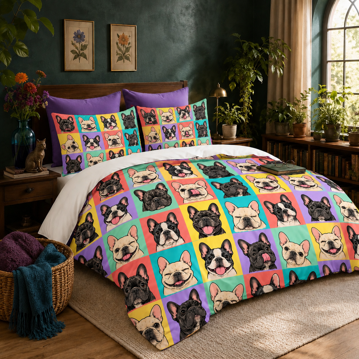 Pop Art French Bulldog Grid duvet cover set