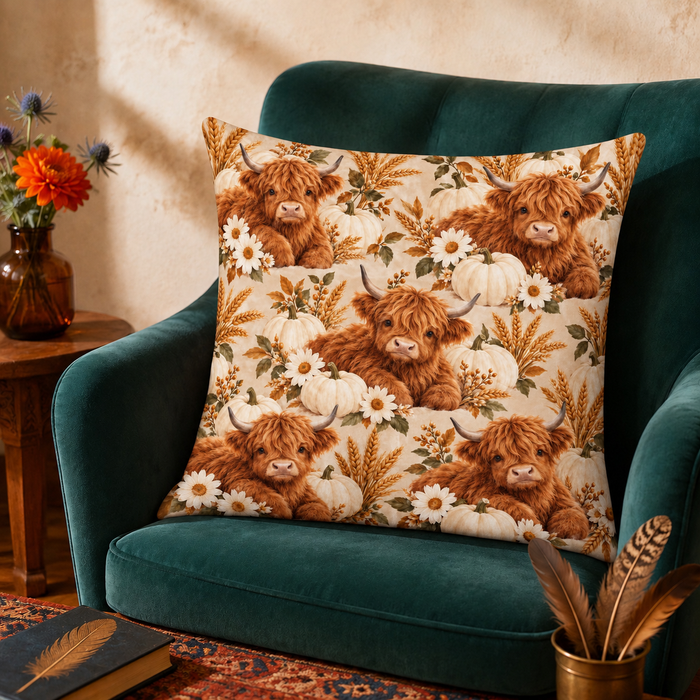 Pumpkin Harvest Highland Cow cushion cover on a green velvet armchair