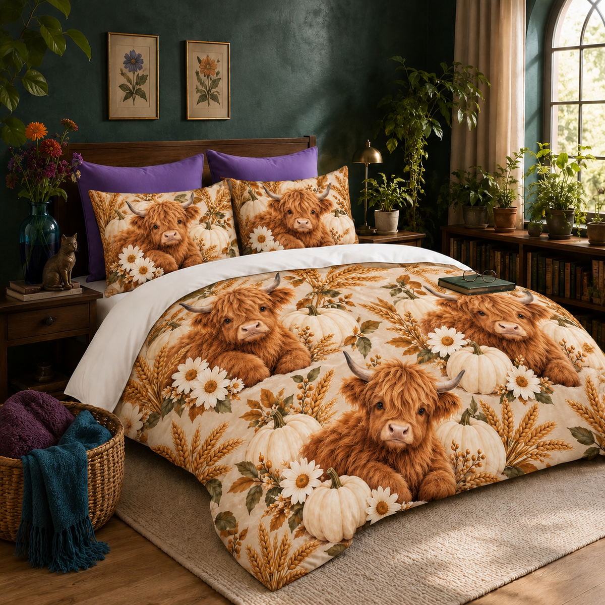 Pumpkin Harvest Highland Cow duvet cover set in a green bedroom with plants
