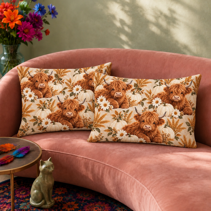 Pumpkin Harvest Highland Cow pillowcases on a pink velvet sofa