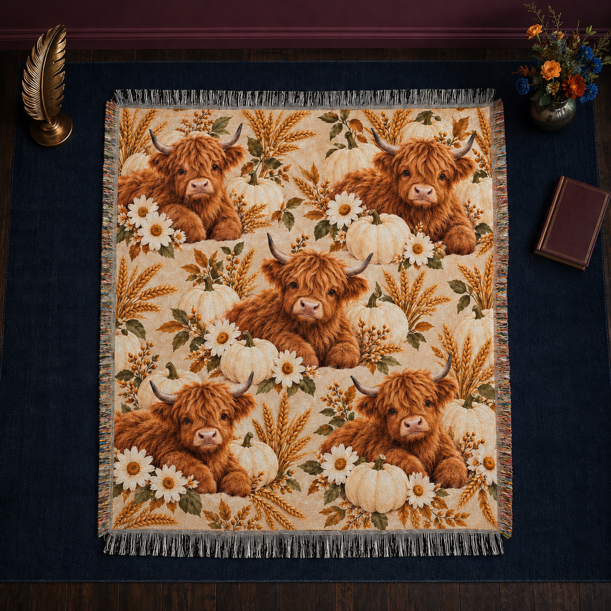 Pumpkin Harvest Highland Cow woven throw blanket with knotted fringe, laid flat