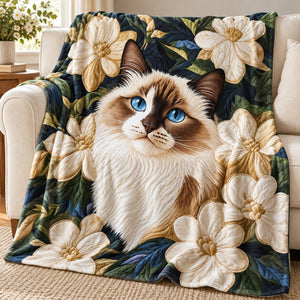 Ragdoll Blossom Cat fleece throw blanket – lightweight printed fleece draped over a cream sofa