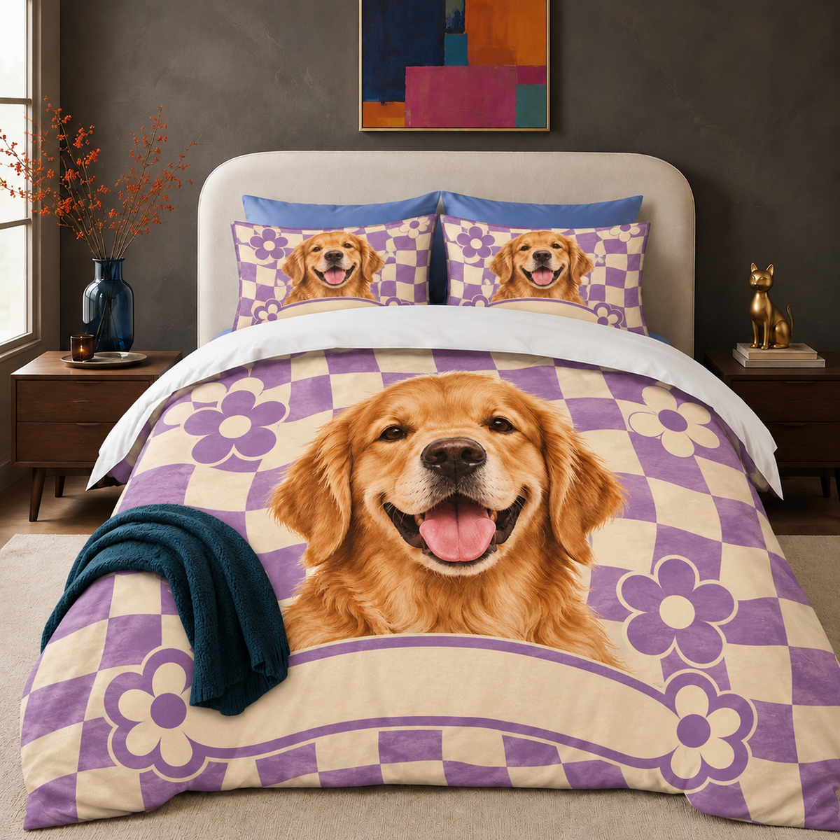 Retro Checkerboard Golden Retriever Comforter Set
