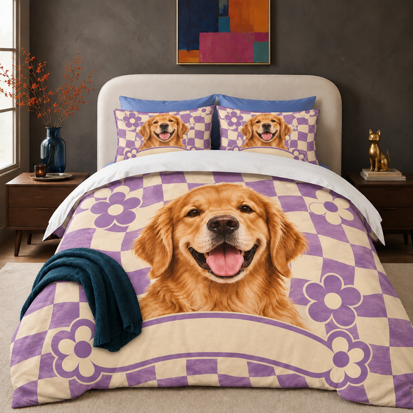 Retro Checkerboard Golden Retriever Comforter Set