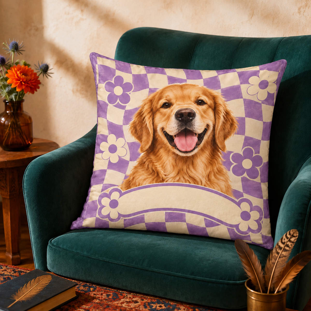 Retro Checkerboard Golden Retriever Cushion Cover Set