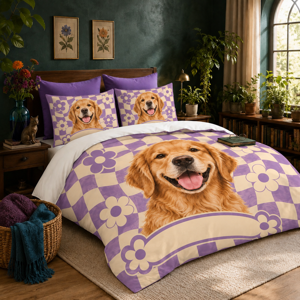 Retro Checkerboard Golden Retriever Duvet Cover Set