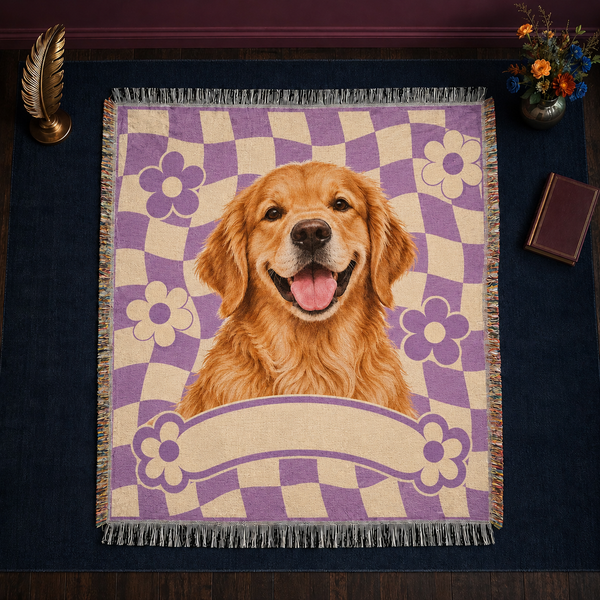 Retro Checkerboard Golden Retriever Woven Throw Blanket