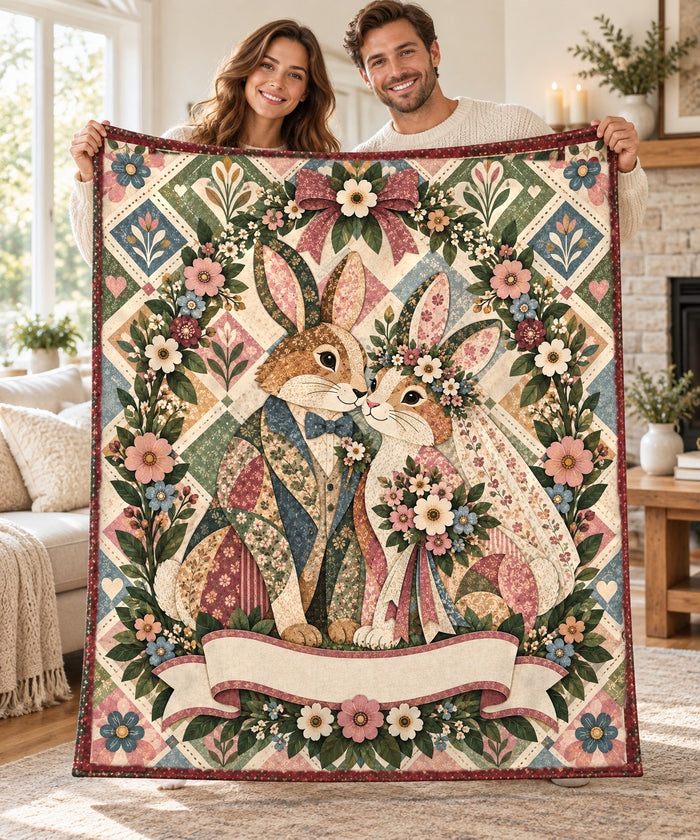 Couple holding open the Rose Arbor Wedding Bunny personalised couple name sherpa blanket