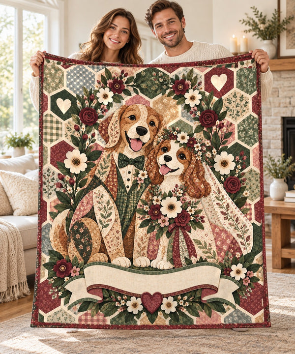 Couple holding open the Rose Arbor Wedding Dog personalised couple name sherpa blanket