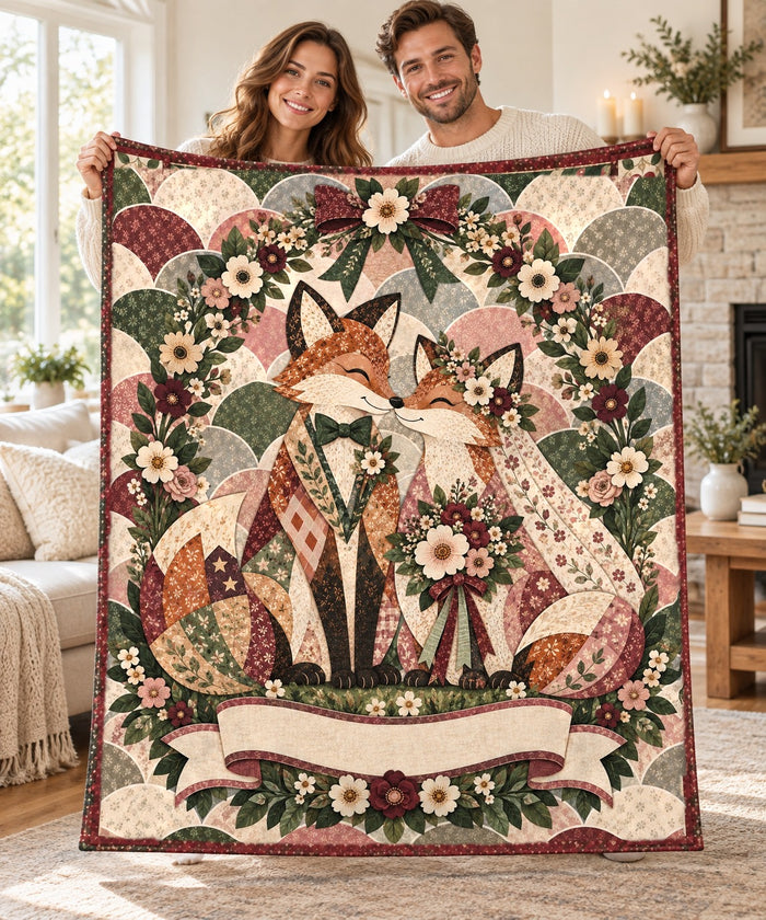 Couple holding open the Rose Arbor Wedding Fox personalised couple name sherpa blanket