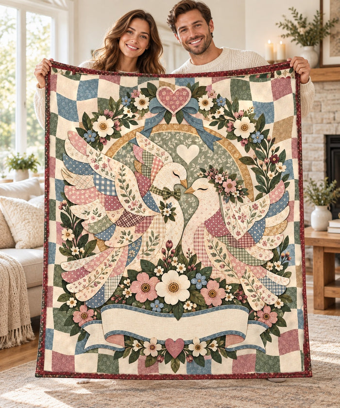 Couple holding open the Rose Arbor Wedding Lovebird personalised couple name sherpa blanket