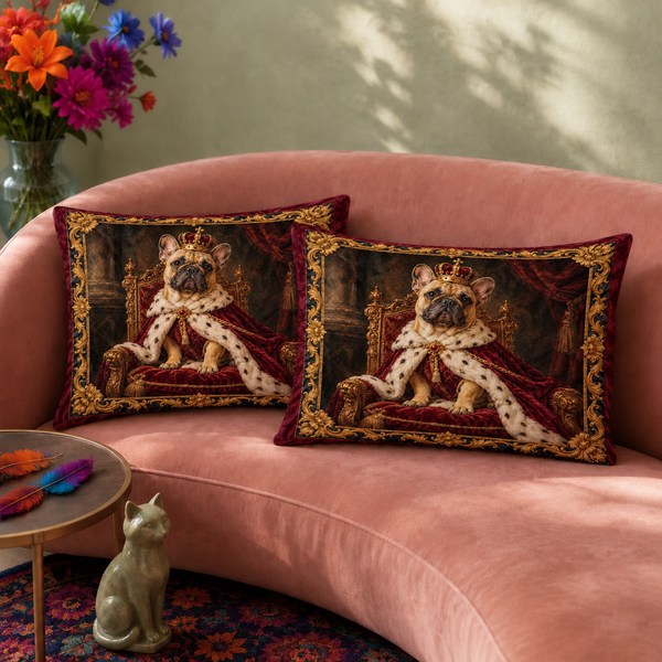 Royal French Bulldog Portrait pillowcase set, two pillowcases on a pink sofa