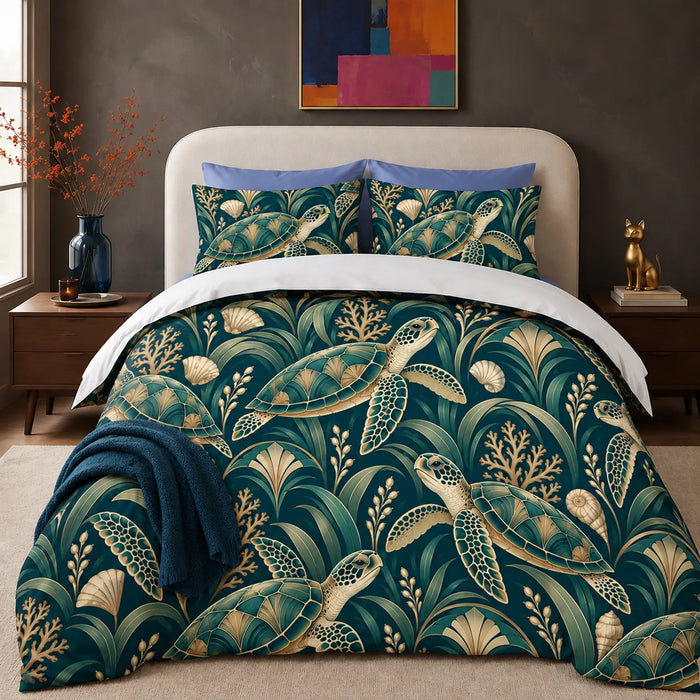 Art Deco Sea Turtle comforter set — gold-outlined sea turtles with Art Deco fans, seagrass and coral on deep teal