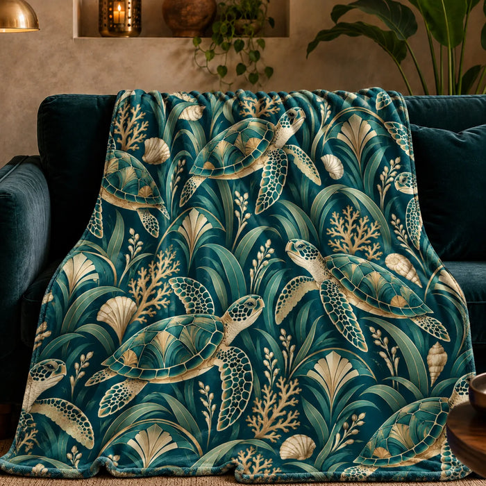 Art Deco Sea Turtle fleece throw blanket — gold-outlined sea turtles with Art Deco fans, seagrass and coral on deep teal
