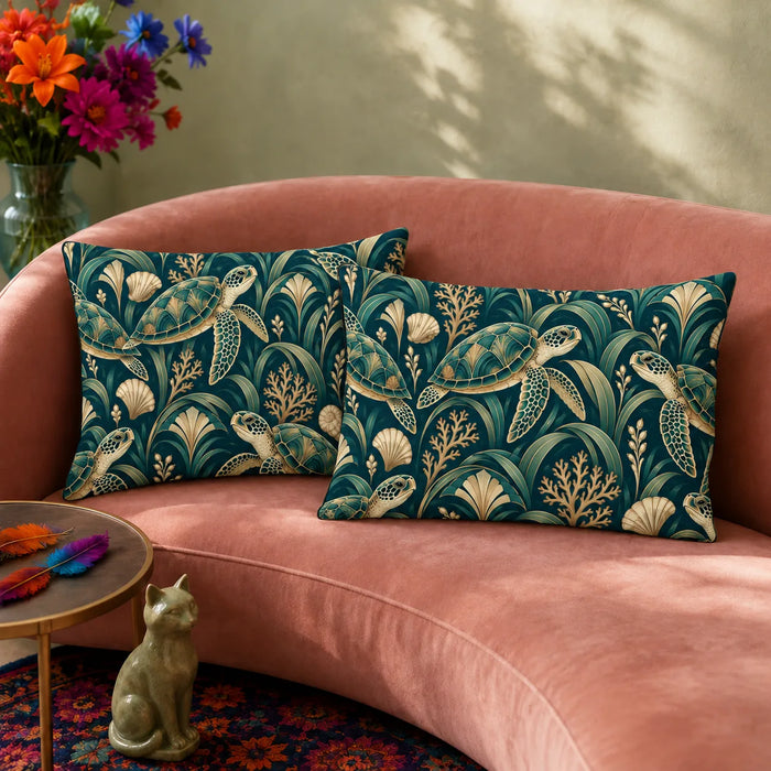 Art Deco Sea Turtle pillowcase set — gold-outlined sea turtles with Art Deco fans, seagrass and coral on deep teal