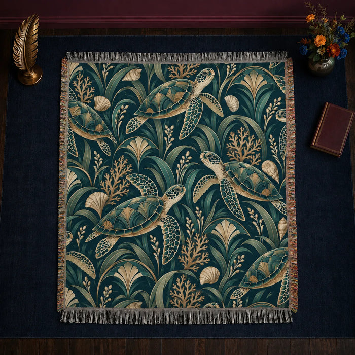 Art Deco Sea Turtle woven throw blanket — gold-outlined sea turtles with Art Deco fans, seagrass and coral on deep teal