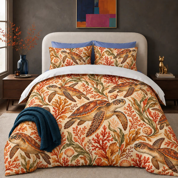Autumn Copper Sea Turtle comforter set — copper sea turtles among rust coral, amber seaweed and olive seagrass on cream