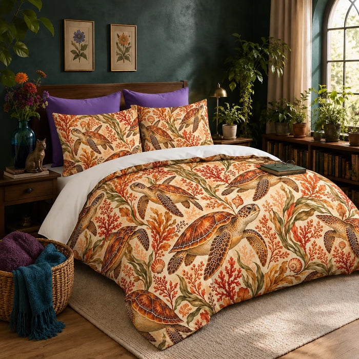 Autumn Copper Sea Turtle duvet cover set — copper sea turtles among rust coral, amber seaweed and olive seagrass on cream