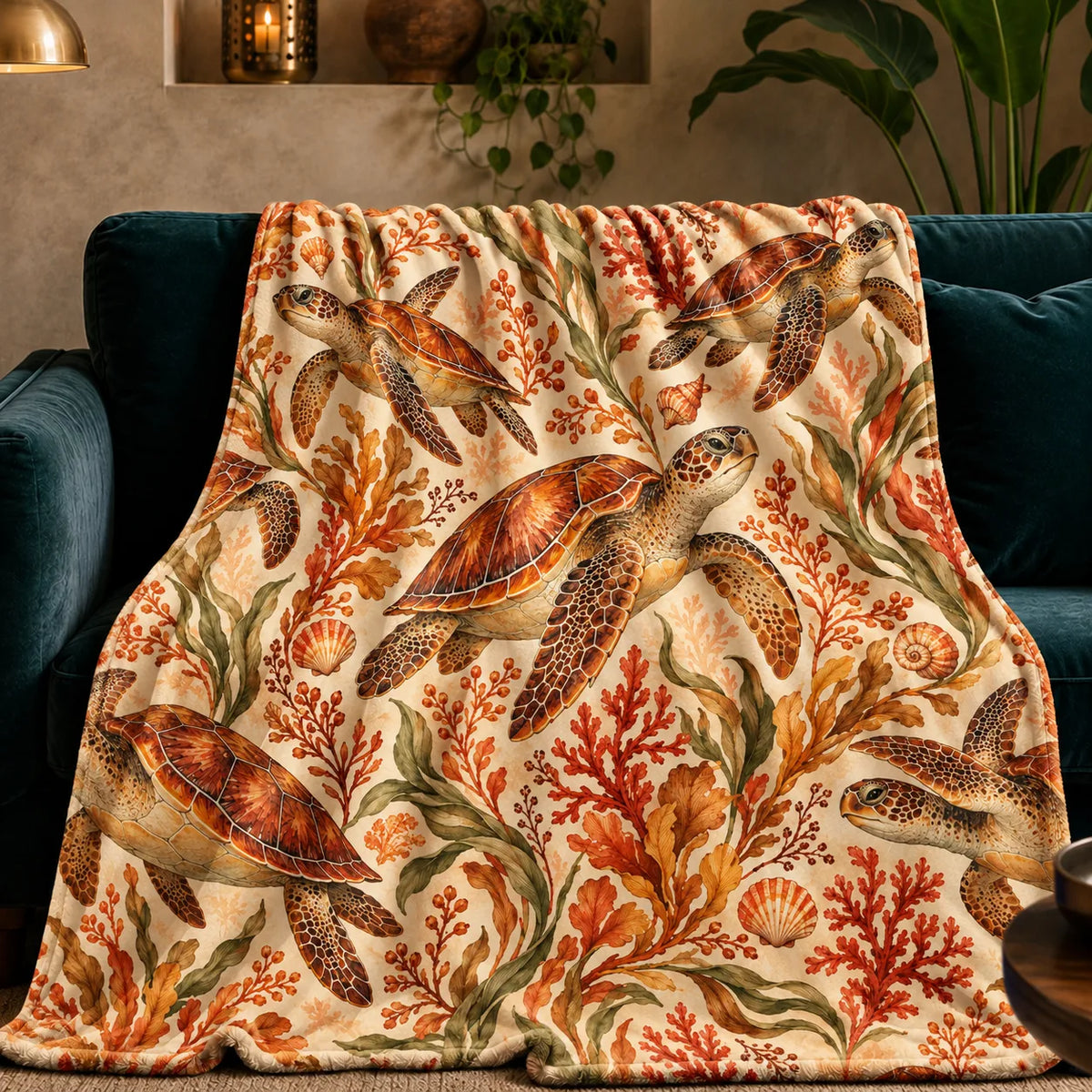 Autumn Copper Sea Turtle fleece throw blanket — copper sea turtles among rust coral, amber seaweed and olive seagrass on cream