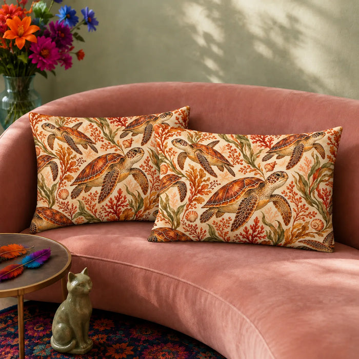 Autumn Copper Sea Turtle pillowcase set — copper sea turtles among rust coral, amber seaweed and olive seagrass on cream