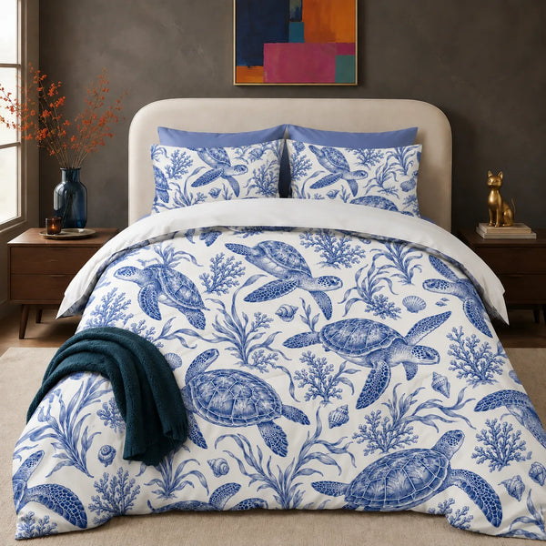 Blue Toile Sea Turtle comforter set — cobalt blue engraved sea turtles with coral, seaweed and shells on white