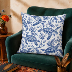 Blue Toile Sea Turtle cushion cover set — cobalt blue engraved sea turtles with coral, seaweed and shells on white