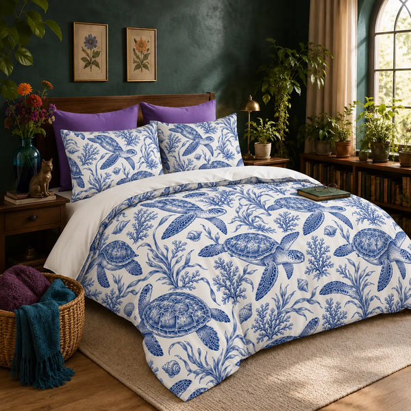 Blue Toile Sea Turtle duvet cover set — cobalt blue engraved sea turtles with coral, seaweed and shells on white
