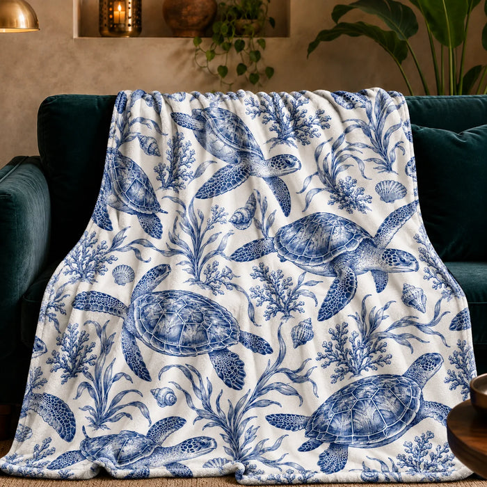 Blue Toile Sea Turtle fleece throw blanket — cobalt blue engraved sea turtles with coral, seaweed and shells on white