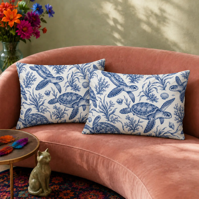 Blue Toile Sea Turtle pillowcase set — cobalt blue engraved sea turtles with coral, seaweed and shells on white