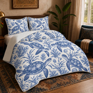 Blue Toile Sea Turtle quilt set — cobalt blue engraved sea turtles with coral, seaweed and shells on white
