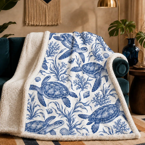 Blue Toile Sea Turtle sherpa blanket — cobalt blue engraved sea turtles with coral, seaweed and shells on white