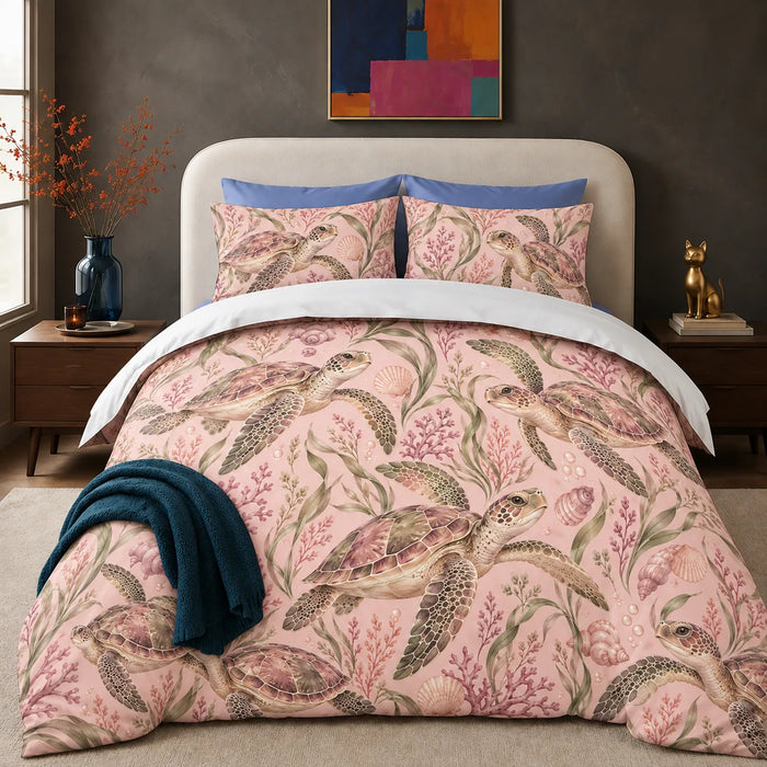 Blush Meadow Sea Turtle comforter set — watercolor sea turtles among pink coral, sage seagrass and shells on blush pink