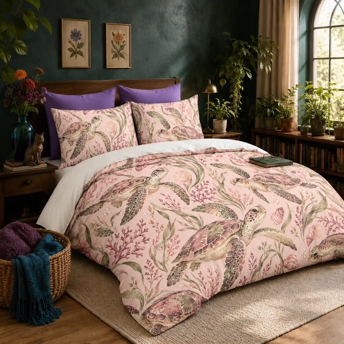 Blush Meadow Sea Turtle duvet cover set — watercolor sea turtles among pink coral, sage seagrass and shells on blush pink