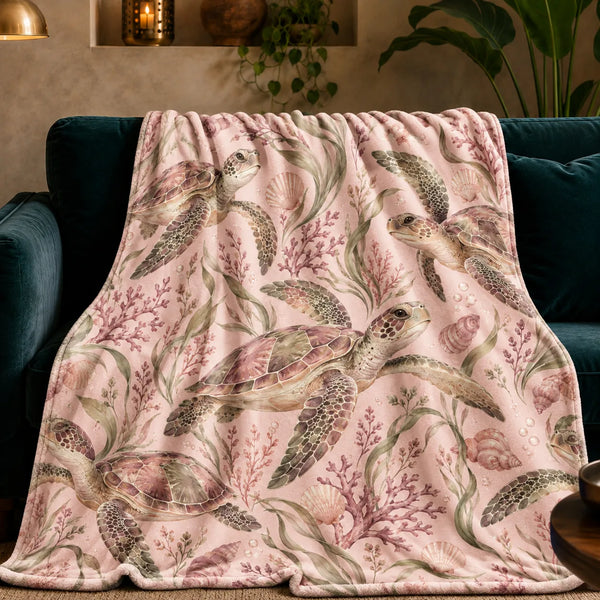 Blush Meadow Sea Turtle fleece throw blanket — watercolor sea turtles among pink coral, sage seagrass and shells on blush pink