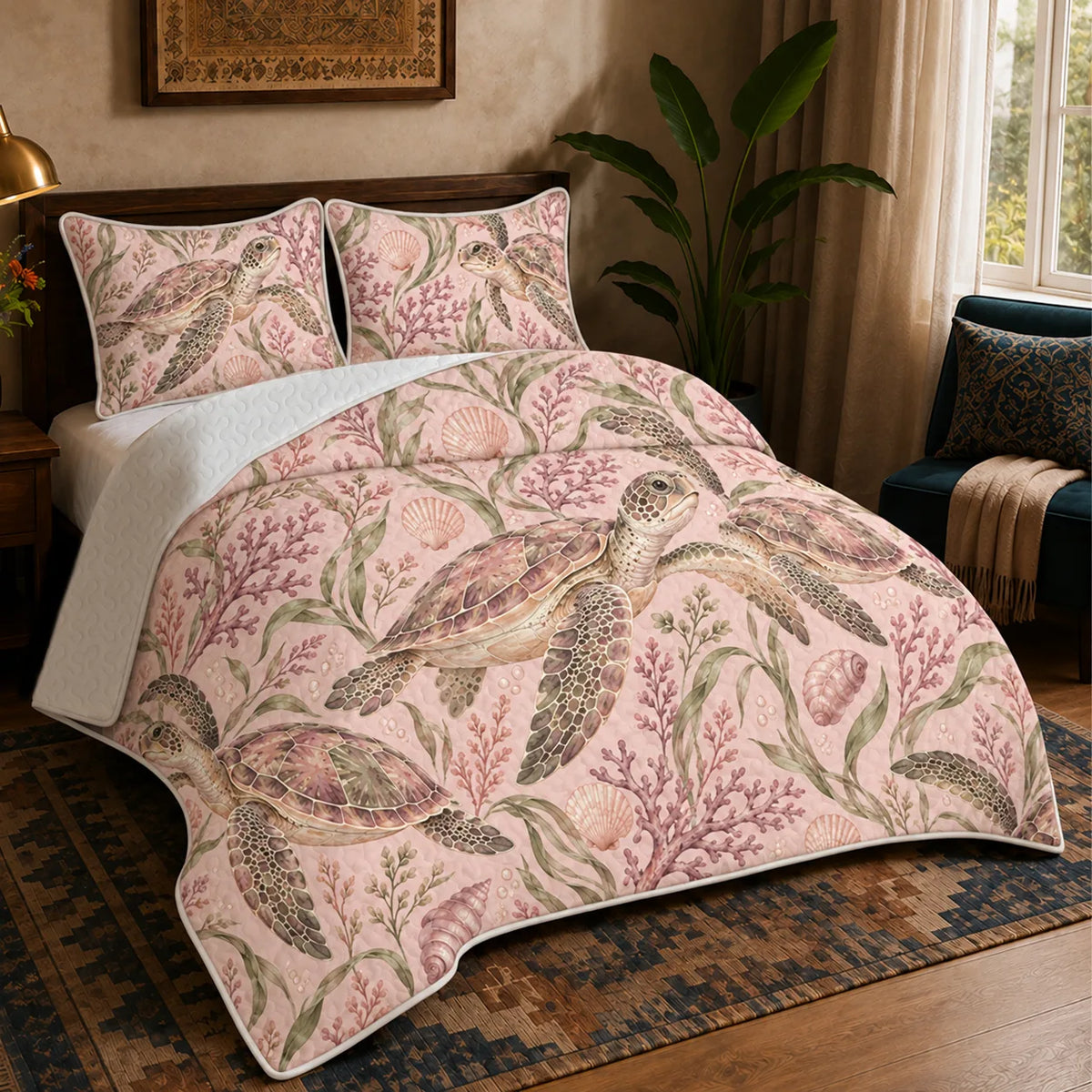 Blush Meadow Sea Turtle quilt set — watercolor sea turtles among pink coral, sage seagrass and shells on blush pink