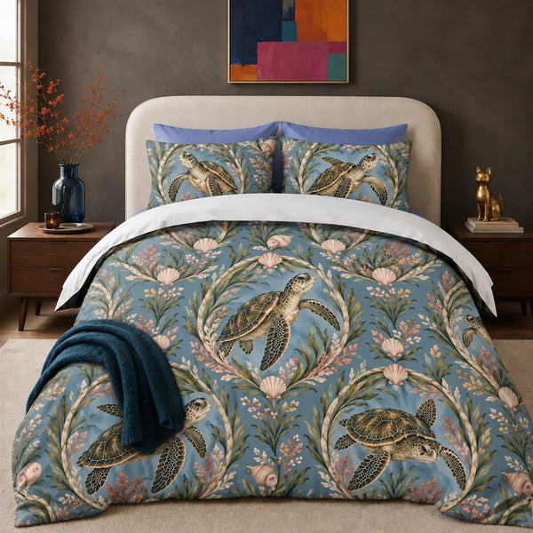 Botanical Medallions Sea Turtle comforter set — olive sea turtles inside oval seaweed medallions with blush shells on dusty blue