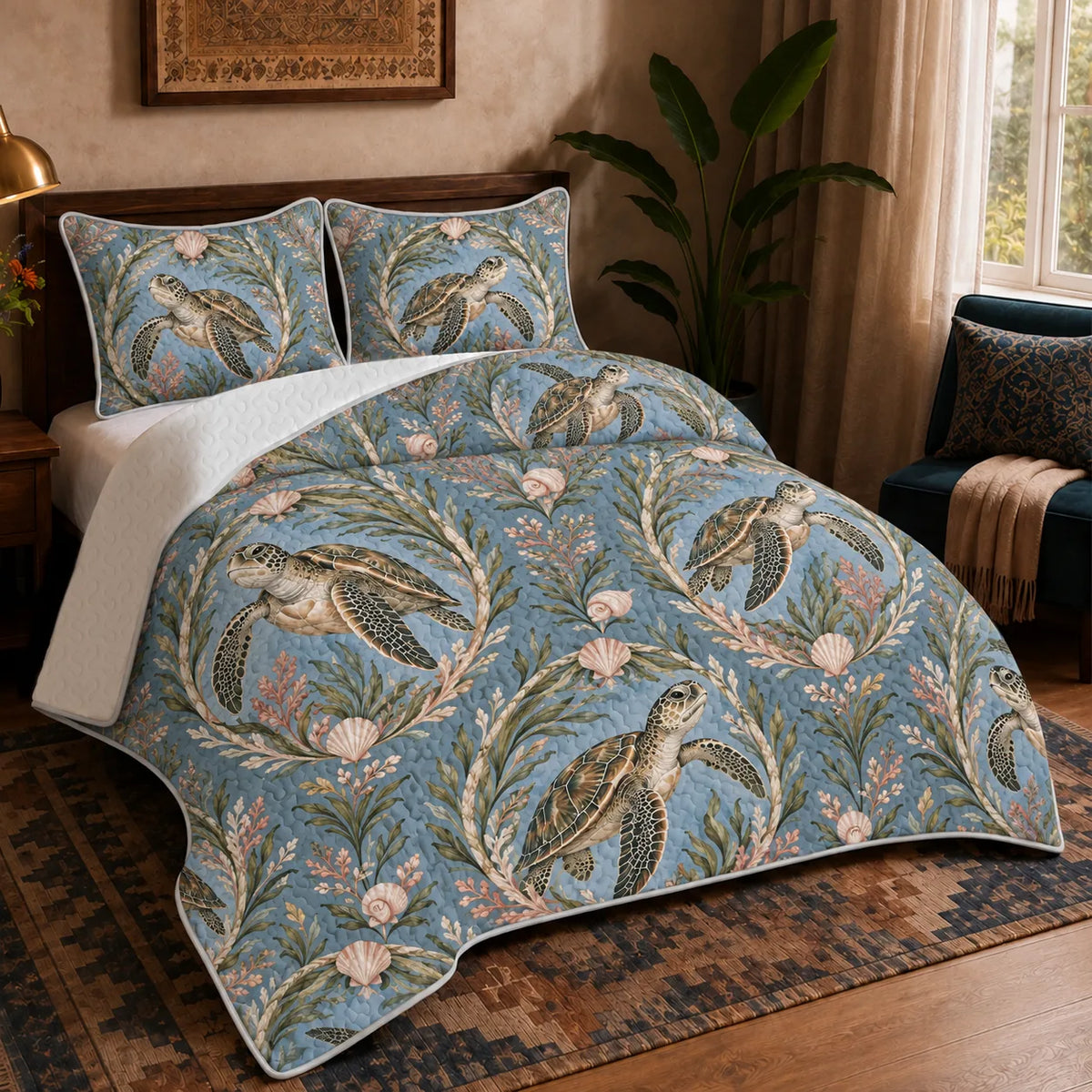 Botanical Medallions Sea Turtle quilt set — olive sea turtles inside oval seaweed medallions with blush shells on dusty blue