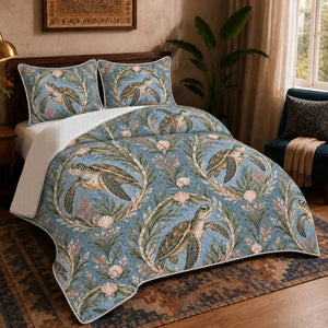 Botanical Medallions Sea Turtle quilt set — olive sea turtles inside oval seaweed medallions with blush shells on dusty blue