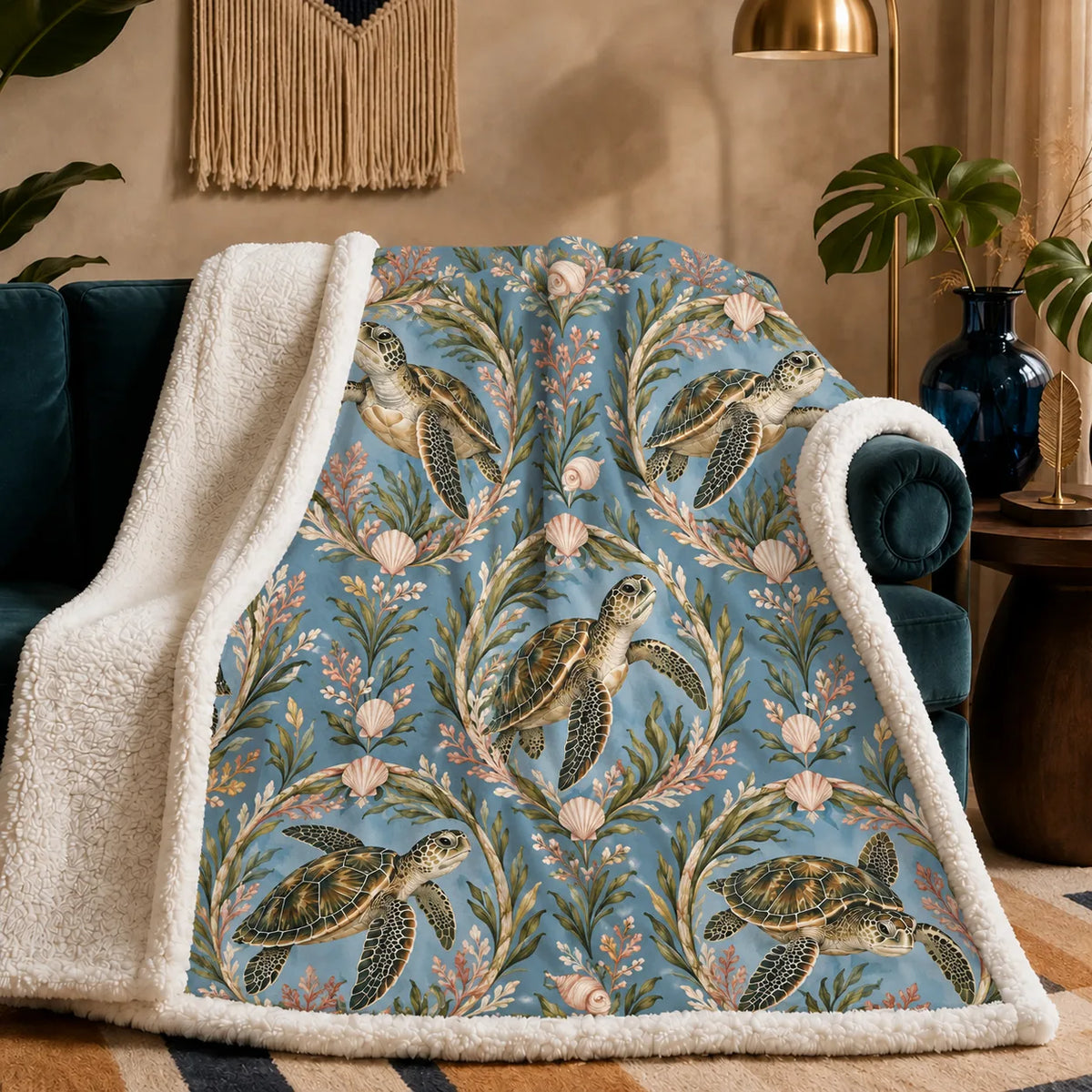 Botanical Medallions Sea Turtle sherpa blanket — olive sea turtles inside oval seaweed medallions with blush shells on dusty blue