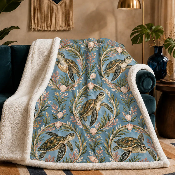 Botanical Medallions Sea Turtle sherpa blanket — olive sea turtles inside oval seaweed medallions with blush shells on dusty blue