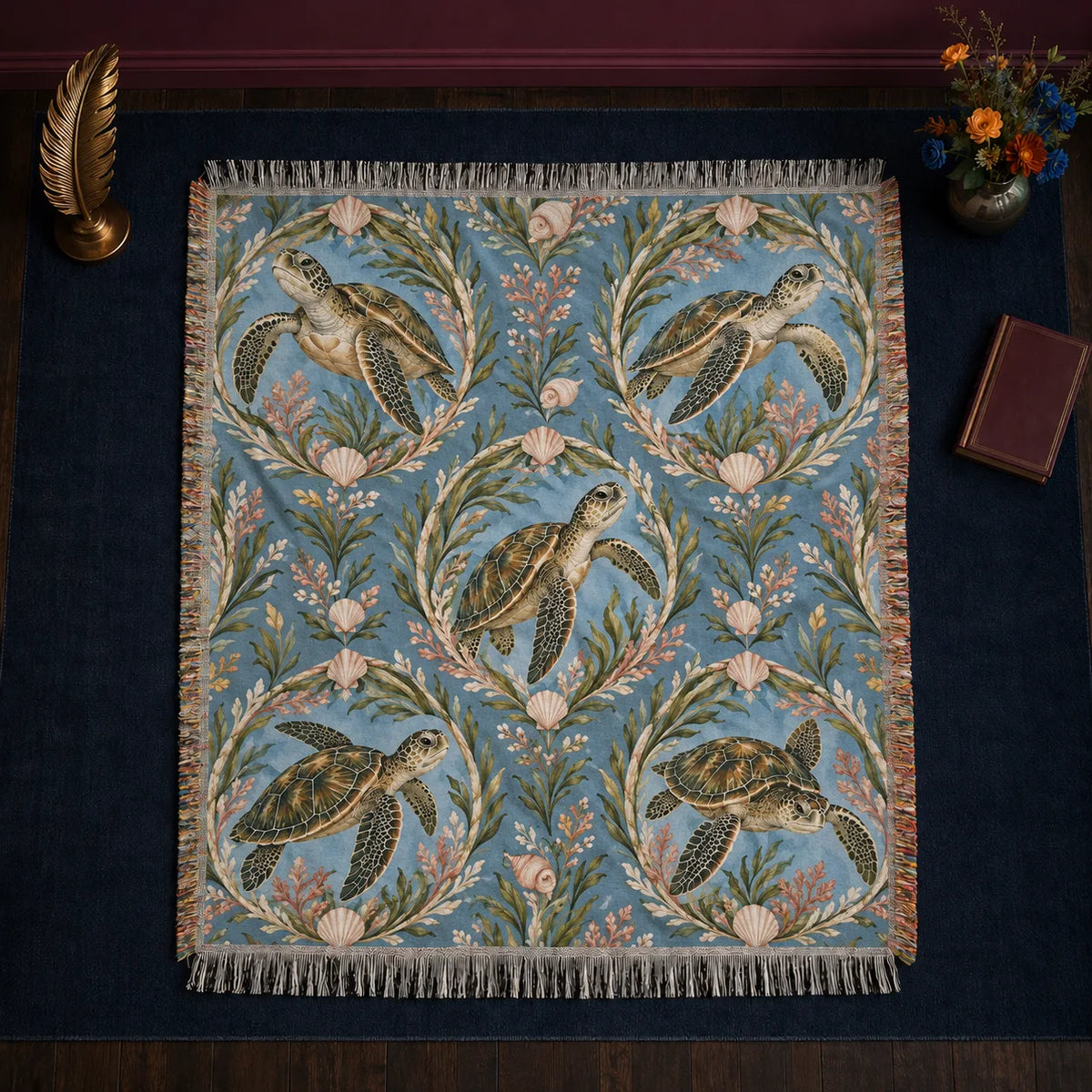 Botanical Medallions Sea Turtle woven throw blanket — olive sea turtles inside oval seaweed medallions with blush shells on dusty blue