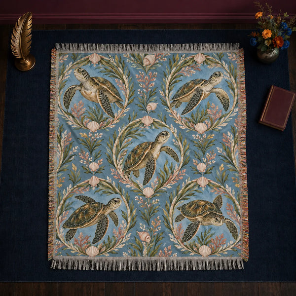 Botanical Medallions Sea Turtle woven throw blanket — olive sea turtles inside oval seaweed medallions with blush shells on dusty blue
