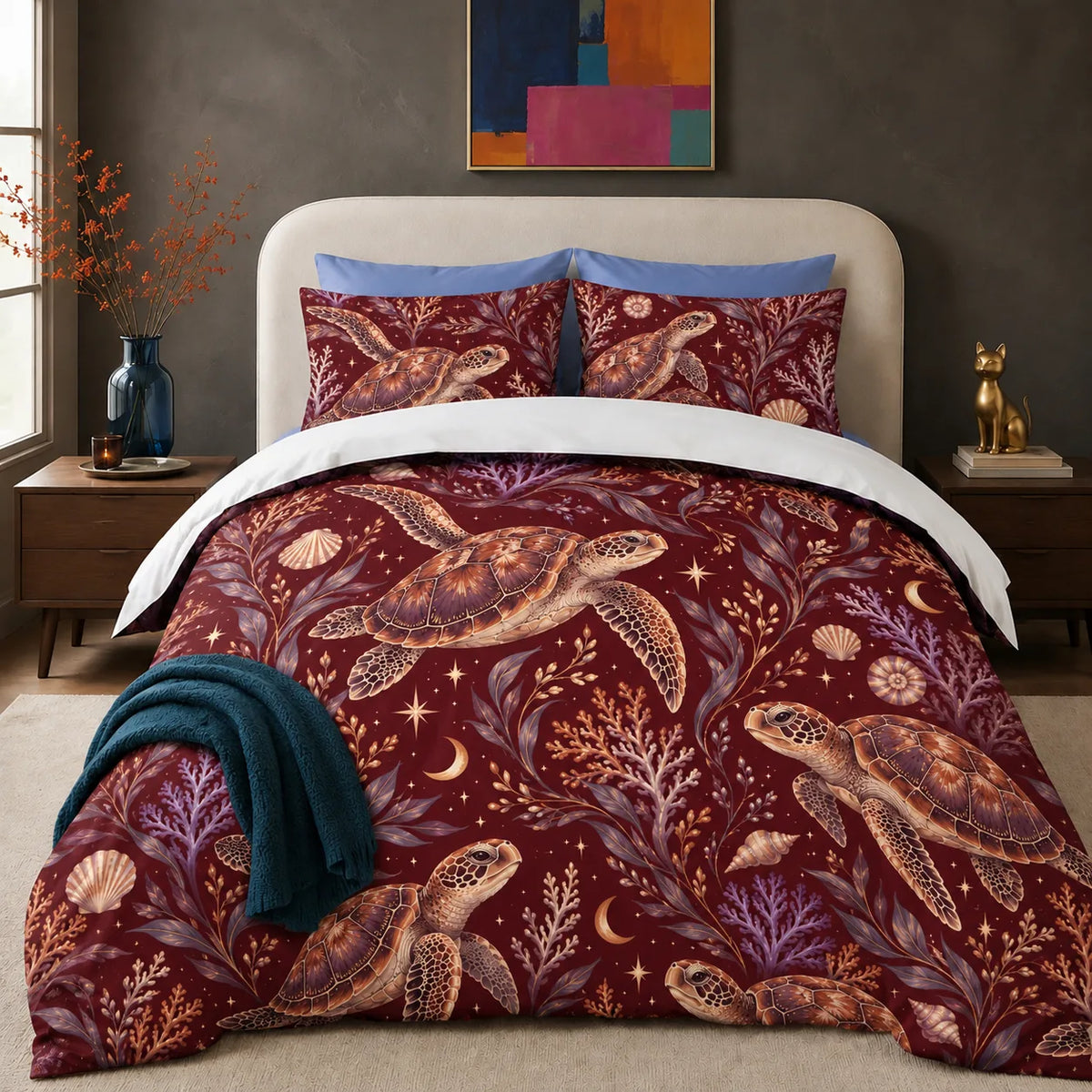 Burgundy Night Sea Turtle comforter set — copper sea turtles with purple coral, shells, crescent moons and stars on deep burgundy