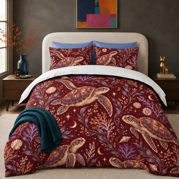 Burgundy Night Sea Turtle comforter set — copper sea turtles with purple coral, shells, crescent moons and stars on deep burgundy